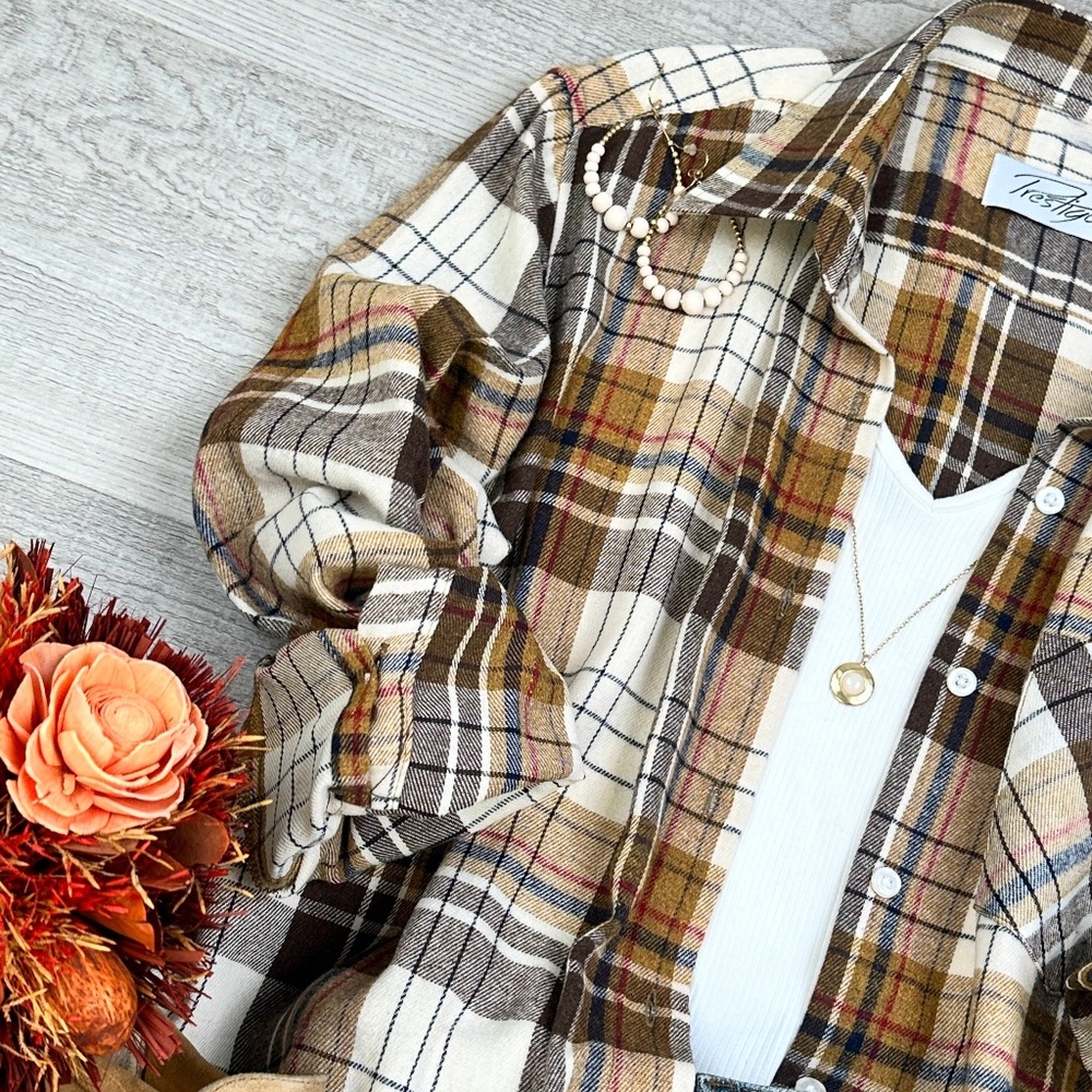 Oversized Long Sleeve Button up Plaid Fall Flannel - Caramel